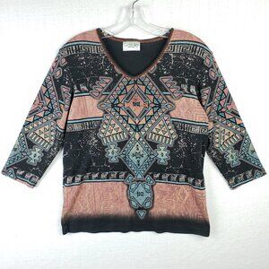 Vintage Y2K Cactus Bay Top Tee Shirt Aztec Western Print Bedazzled Bling size L